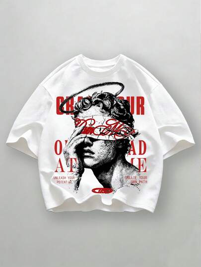 Men's Casual Fashionable Street Daily Commute Figure & Letter Print Short Sleeve White T-Shirt, Summer