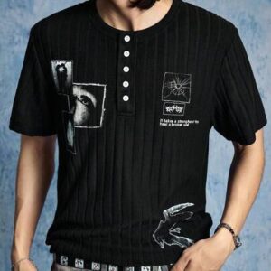 Men's Casual Fashionable Street Slogan Print Ribbed Knit Short Sleeve Half-Button Cardigan T-Shirt, Suitable For Daily Commute In Summer