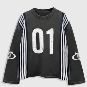 Men's Casual Numeric & Striped Print Round Neck Long Sleeve T-Shirt