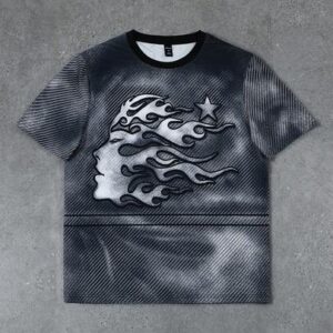 Men's Casual Portrait And Flame Print Round Neck Short Sleeve T-Shirt, Summer