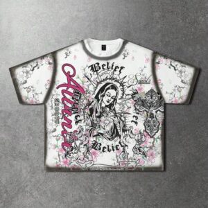 Men's Casual Spring/Summer T-Shirt With Skeleton Horse & Virgin Mary English Print Design
