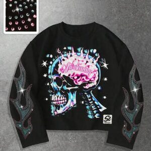 Men's Colorful Printed Long Sleeve T-Shirt With Rhinestone Decoration