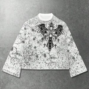 Men's Cross & Wing Gothic Digital Print Loose Fit T-Shirt
