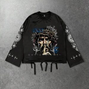 Men's Distressed Print Long Sleeve T-Shirt, Loose Fit