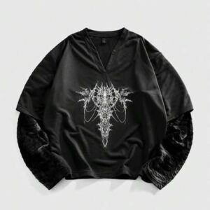Men's Gothic Printed Long Sleeve T-Shirt With 2 In 1 Design, Autumn