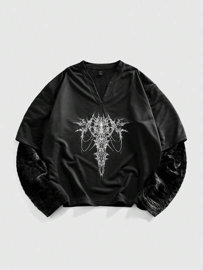 Men's Gothic Printed Long Sleeve T-Shirt With 2 In 1 Design, Autumn