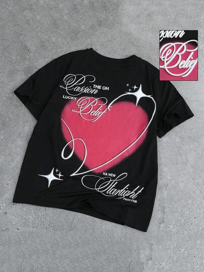 Men's Heart Print Short Sleeve T-Shirt, Suitable For Everyday Wear In Spring/Summer