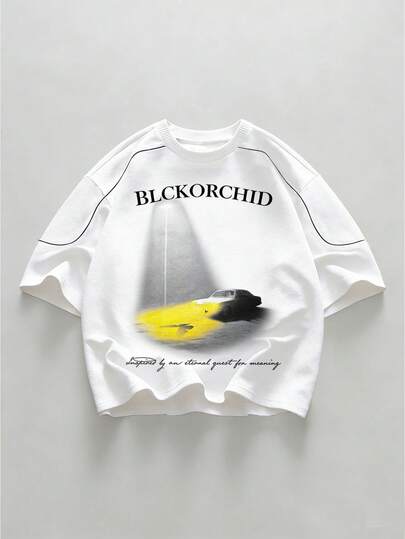 Men's Letter & Car Graphic Round Neck Short Sleeve T-Shirt