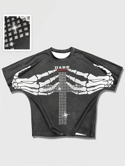 Men's Letter & Skull Hand Print Round Neck Short Sleeve Casual Versatile T-Shirt