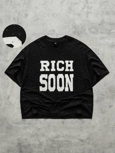 Men's Letter Embroidery & Rhinestone Decor Short Sleeve T-Shirt