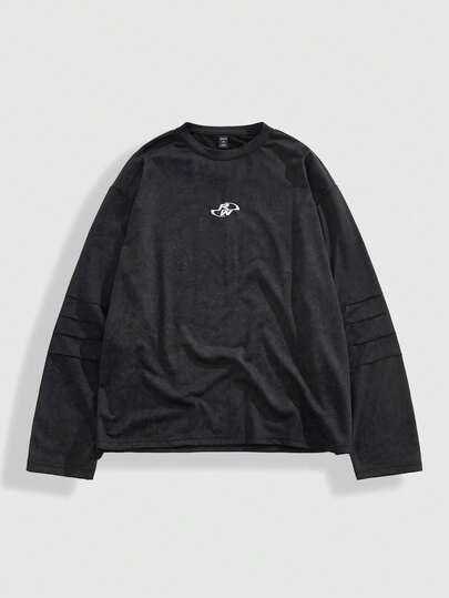 Men's Letter Print Casual Loose Fit Crew Neck Long Sleeve T-Shirt