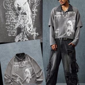 Men's Long Sleeve Mock Neck Anime Graphic T-Shirt