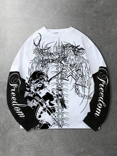 Men's Minimalist Printed Crew Neck Long Sleeve T-Shirt