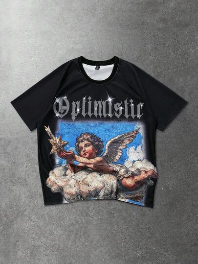 Men's Printed Rhinestone Embellished Short Sleeve T-Shirt, Suitable For Spring And Summer