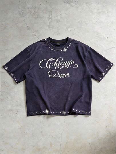Men's Rhinestone Decor Simple Print Short Sleeve T-Shirt