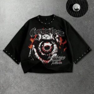 Men's Rivet Decor Print Loose 3/4 Sleeve T-Shirt, Spring/Summer