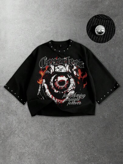 Men's Rivet Decor Print Loose 3/4 Sleeve T-Shirt, Spring/Summer