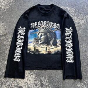Men's Round Neck Street Character Print Distressed Long Sleeve T-Shirt