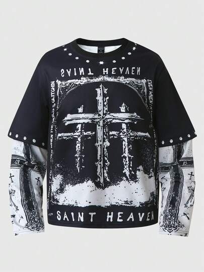 Men's Round Neck T-Shirt 2 In 1 Round Neck Long Sleeve Pullover Pullover Sweatshirt Cross Faith Print Long Sleeve, Suitable For Casual Daily Wear
