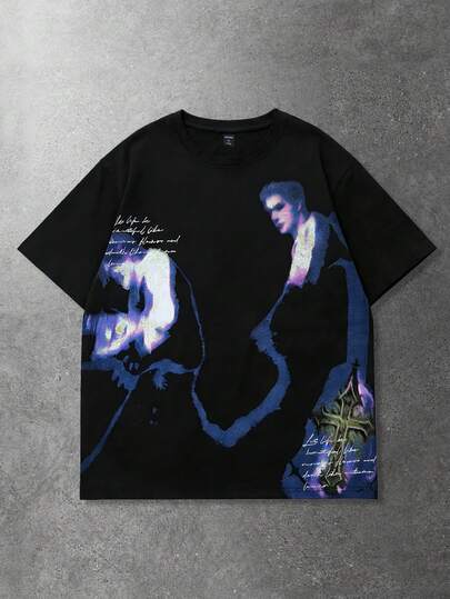 Men's Street American Dark Blurred Portrait English Print Short Sleeve T-Shirt