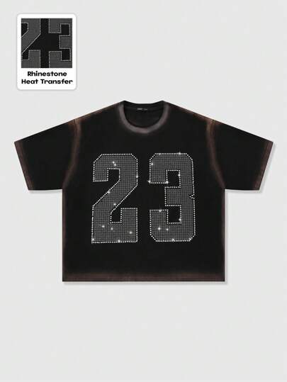 Men's Street Life Glitter Diamond Trim Spray Printed Short Sleeve T-Shirt, Loose Cropped Style