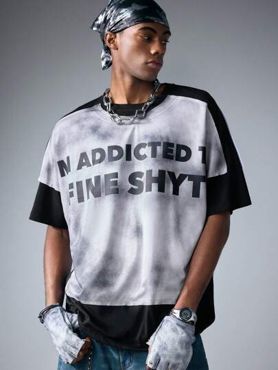 Men's Street Life Patchwork Letter Print Short Sleeve T-Shirt, Suitable For Everyday Wear, Spring & Summer