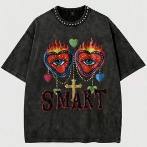 Men's Summer Casual Fashionable Street Gothic Funny Print Washed Short Sleeve T-Shirt With Rivet Decoration