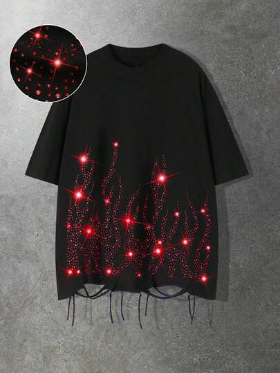 Men's Summer Casual Rhinestone Decor Distressed T-Shirt