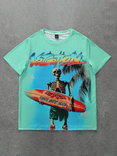 Men's Vacation Printed Short Sleeve T-Shirt, Suitable For Spring And Summer