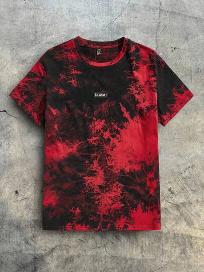 Men Cotton Marble Slogan Patched Tie Dye Short Sleeve Tee, For Going Out, For Friends, Summer