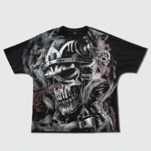 Men Goth Skull Print Long Sleeve Cotton T-Shirt, Featuring Mechanical Elements, Showcasing Avant-Garde Style, Halloween