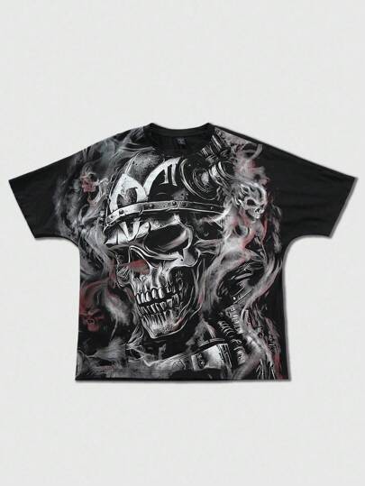 Men Goth Skull Print Long Sleeve Cotton T-Shirt, Featuring Mechanical Elements, Showcasing Avant-Garde Style, Halloween