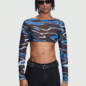 Men Long Sleeve Wave Print Cropped T-Shirt