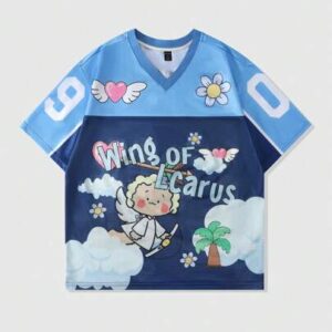 Prep Men's Jersey Cartoon Mesh Patchwork Sports Short Sleeve T-Shirt