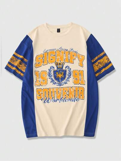 Prep Men's Jersey Contrast Color Mesh Patchwork Letter Print Round Neck T-Shirt
