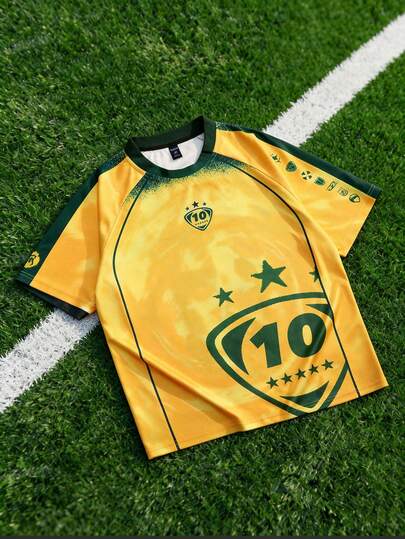 Prep Men's Round Neck Fashion Football Printed Short Sleeve T-Shirt, Summer