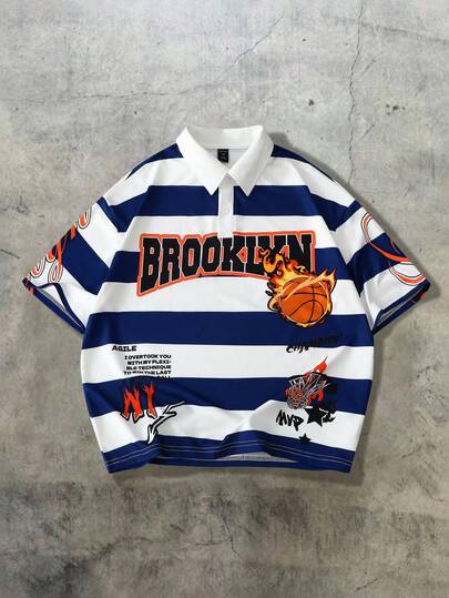 Prep Men's Summer Short Sleeve T-Shirt, Brooklyn Basketball Style Polo Shirt, Suitable For Casual, College Daily Wear