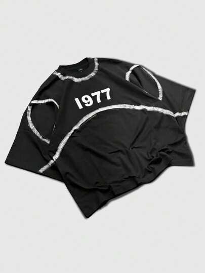 Prep Men's T-Shirt With Street American Design, Partial Spray, Daily Wear, Short Batwing Sleeve