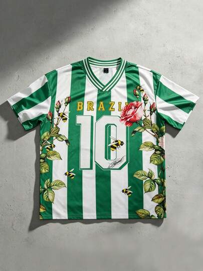 Prep Men's V-Neck Letter & Floral Print Casual Versatile Daily Wear T-Shirt