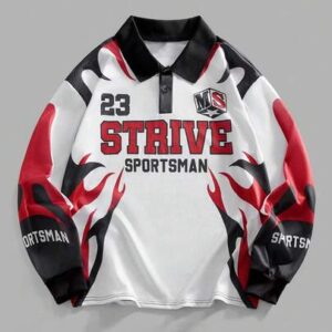 Prep Spring Casual Graphic Men'S Street Digital Letter & Flame Print Polo Collar Long Sleeve T-Shirt