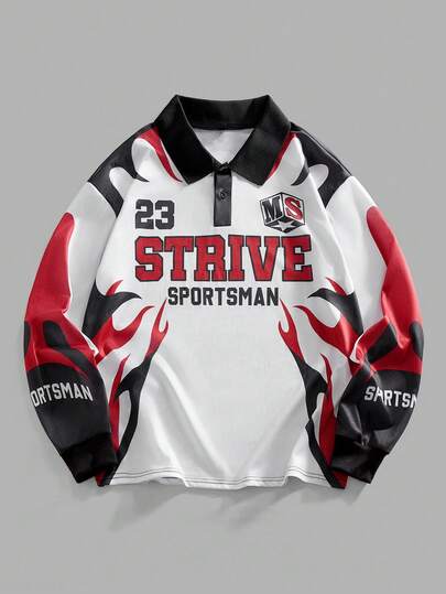 Prep Spring Casual Graphic Men'S Street Digital Letter & Flame Print Polo Collar Long Sleeve T-Shirt