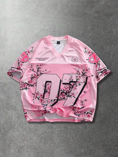 Prep Spring Casual Graphic Pink Men'S Casual Numeric & English Print Short Sleeve T-Shirt, Suitable For Spring/Summer Sports