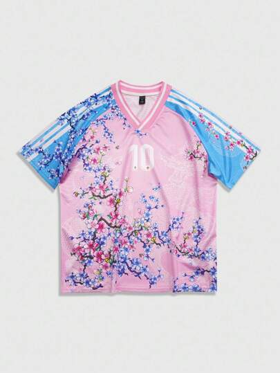 Prep Spring/Summer Casual Graphic Men'S Floral Print V-Neck Colorblock Short Sleeve T-Shirt, Summer, 2000S Style