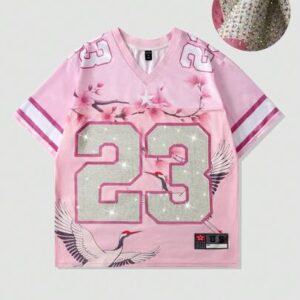 Prep Spring/Summer Casual Graphic Pink Men'S Rhinestone Embellished Short Sleeve Sports T-Shirt, Mesh Fabric Patchwork