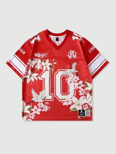 Prep Spring/Summer Casual Graphic Red Men'S Sports Jersey Short Sleeve T-Shirt, Mesh Fabric Patchwork, Summer