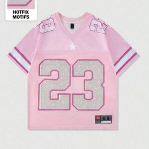 Prep Summer Beach Vacation Graphic Pink Men Jersey Number Letter Satin Graphic V-Neck Tee, 2000S Style