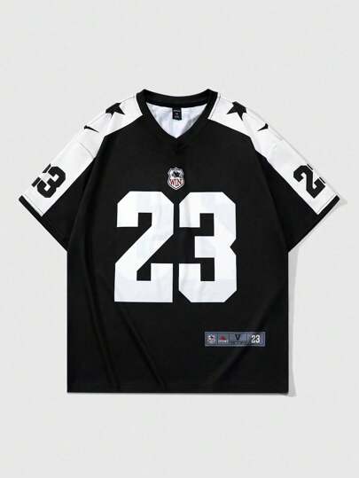 Prep Summer Casual Graphic Men'S Colorblock Short Sleeve Football Jersey Style T-Shirt , Ideal For Daily Wear In Spring And Summer, School