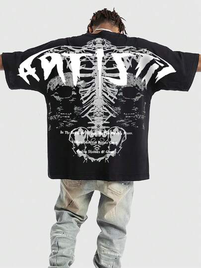 ROMWE Avant Men's Fashionable Skull Slogan Print T-Shirt, Summer