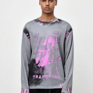 ROMWE Avant Men's Spring & Autumn Casual Cross, Cartoon Character & Letter Printed Long Sleeve T-Shirt, School