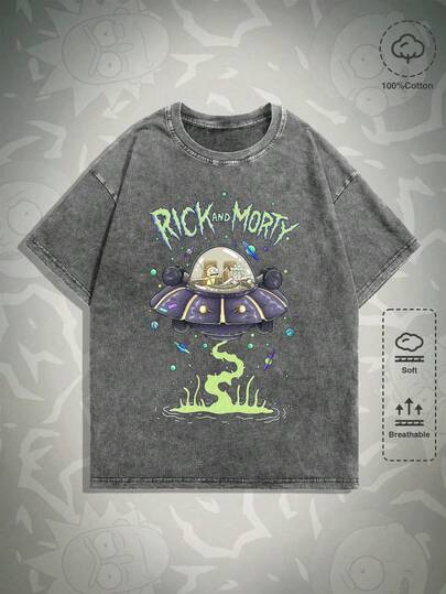 Rick and Morty | ROMWE Men's Round Neck Cartoon Letter Print Casual Versatile Daily Wear Short Sleeve T-Shirt